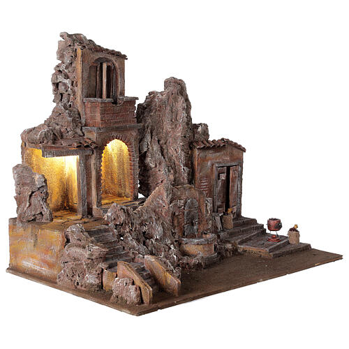 Aldeia iluminada com fontanário funcionante e rochas de cortiça cenário para presépio com figuras altura média 12 cm, medidas: 49x58x43 cm 5