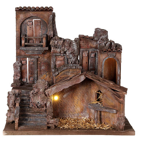 Cenário iluminado casas e estábulo para presépio com figuras altura média 10 cm, medidas: 43x42x32 cm 1