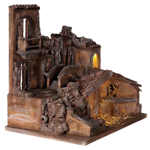 Cenário iluminado casas e estábulo para presépio com figuras altura média 10 cm, medidas: 43x42x32 cm 4