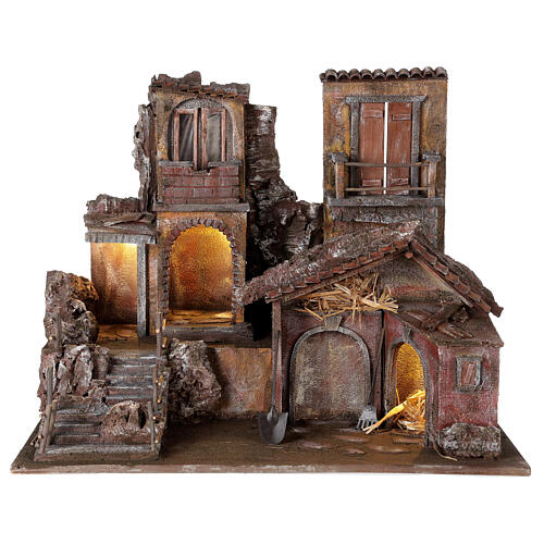 Cenário iluminado casas e estábulo para presépio com figuras altura média 10 cm, medidas: 43x42x32 cm 6