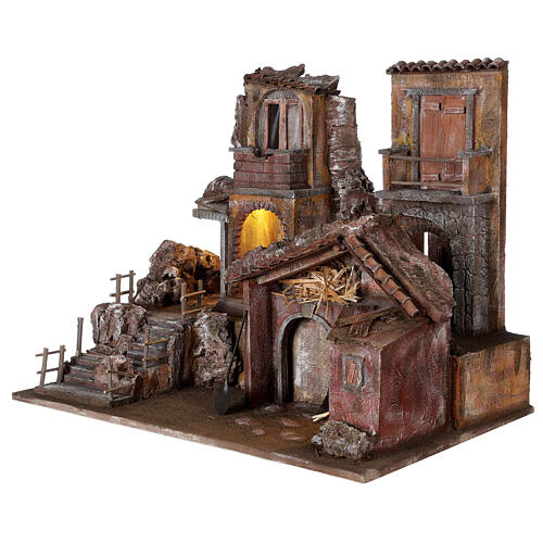 Cenário iluminado casas e estábulo para presépio com figuras altura média 10 cm, medidas: 43x42x32 cm 9