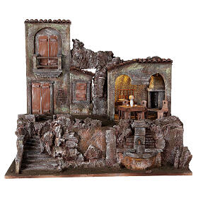 Illuminated village with fountain and staircase 55x60x40 for statues 12 cm