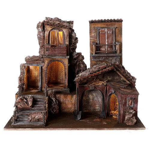 Pueblo belén iluminado con cabaña herramientas 50x60x45 para estatuas 12 cm 1