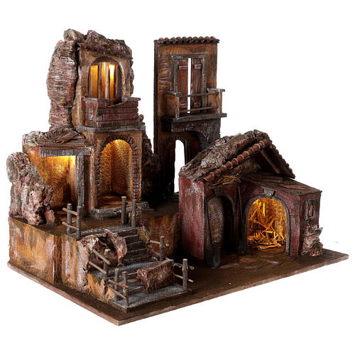 Pueblo belén iluminado con cabaña herramientas 50x60x45 para estatuas 12 cm 3