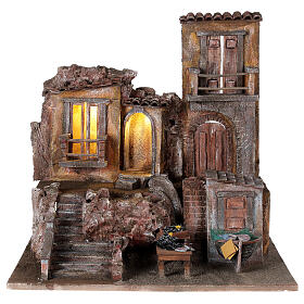 Illuminated village with fish market 50x60x40 for statues 12 cm