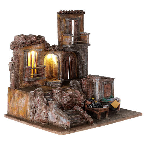 Illuminated village with fish market 50x60x40 for statues 12 cm 4