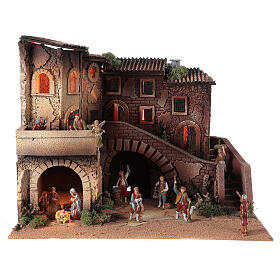 Cenário para presépio Moranduzzo com figuras altura média 8 cm casas com terraço e escada, 39x50x40 cm