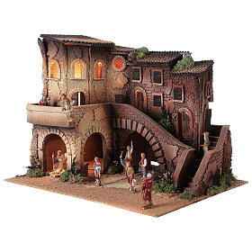 Cenário para presépio Moranduzzo com figuras altura média 8 cm casas com terraço e escada, 39x50x40 cm