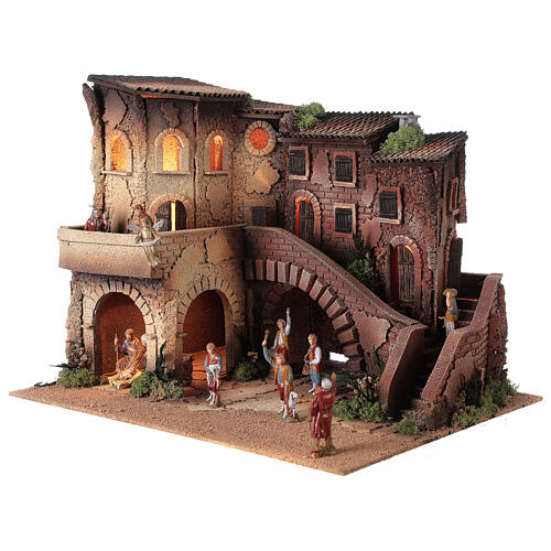 Cenário para presépio Moranduzzo com figuras altura média 8 cm casas com terraço e escada, 39x50x40 cm 2