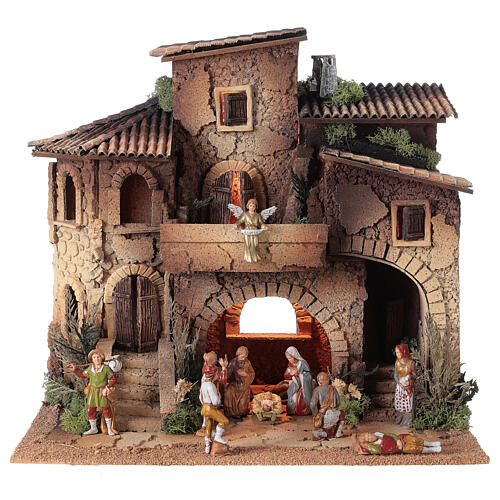 Crèche village complet double escalier 40x40x30 cm santons 8 cm Moranduzzo 1