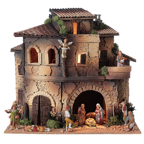 Miasteczko z krużgankiem i balkonem, szopka 8 cm, 40x40x30 cm, figurki Moranduzzo 1