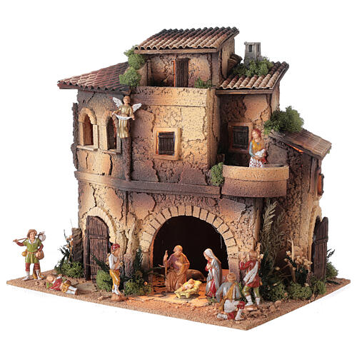 Miasteczko z krużgankiem i balkonem, szopka 8 cm, 40x40x30 cm, figurki Moranduzzo 2