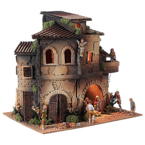 Miasteczko z krużgankiem i balkonem, szopka 8 cm, 40x40x30 cm, figurki Moranduzzo 3