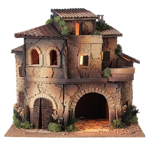 Miasteczko z krużgankiem i balkonem, szopka 8 cm, 40x40x30 cm, figurki Moranduzzo 7