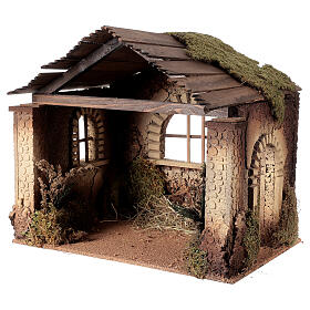 Rustic Nativity stable for characters of 20 cm, wooden roof, 45x50x35 cm