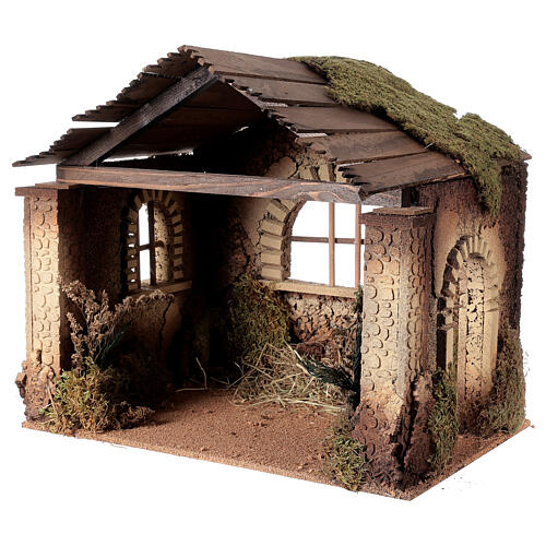 Rustic Nativity stable for characters of 20 cm, wooden roof, 45x50x35 cm 2