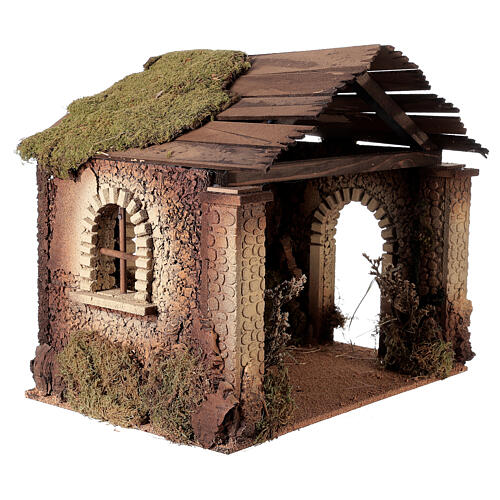 Cabana rústica com telhado de tábuas para figuras da Natividade de altura média 20 cm, medidas: 44x50x35 cm 3