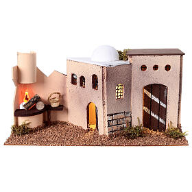 Casa em miniatura estilo palestino com luz trémula efeito chama para presépio com figuras altura média 8-10 cm, medidas: 15x35x16 cm