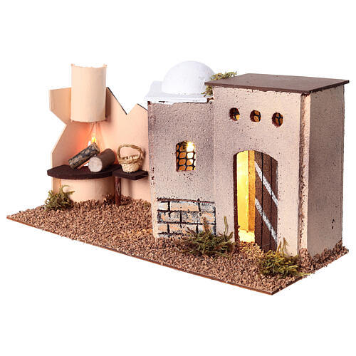 Casa em miniatura estilo palestino com luz trémula efeito chama para presépio com figuras altura média 8-10 cm, medidas: 15x35x16 cm 2