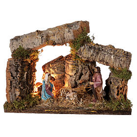 Cabana Natividade iluminada figuras presépio com figuras altura média 10 cm, medidas: 24x33x18 cm