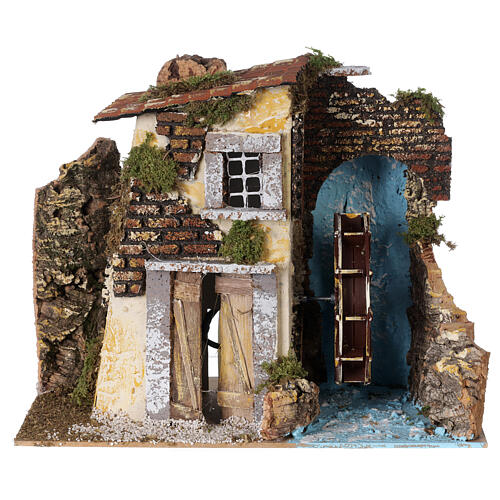 Casa com moinho de água em movimento miniatura para presépio com figuras altura média 12 cm, medidas: 21x23x28 cm 1