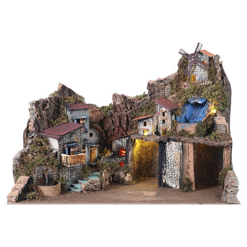 Neapolitan nativity village setting for 14-16 cm with fountain waterfall 45x100x60 cm 1
