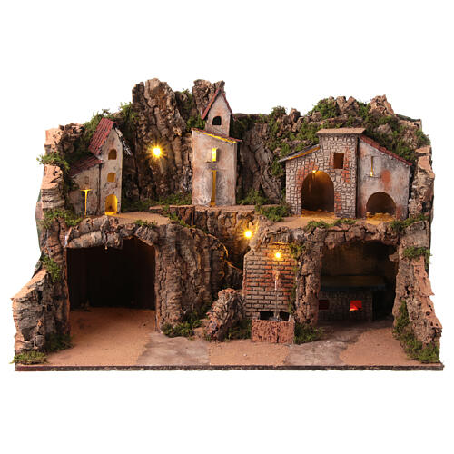 Rustic nativity village with kitchen and fountain 40x70x40 cm for statues 14-16 cm 2