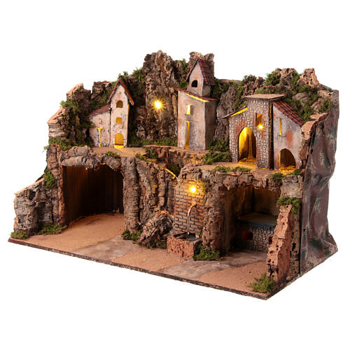 Rustic nativity village with kitchen and fountain 40x70x40 cm for statues 14-16 cm 6