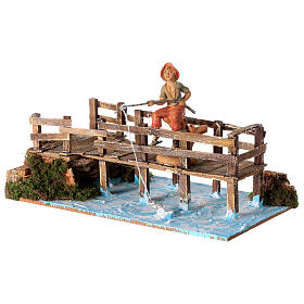 Bridges, streams and fences for Nativity scene: Bridge over river with fisherman figurine 30x15x15 cm nativity 10 cm