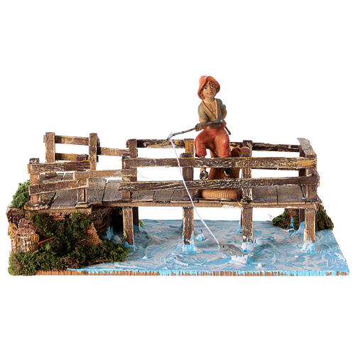 Bridge over river with fisherman figurine 30x15x15 cm nativity 10 cm 1