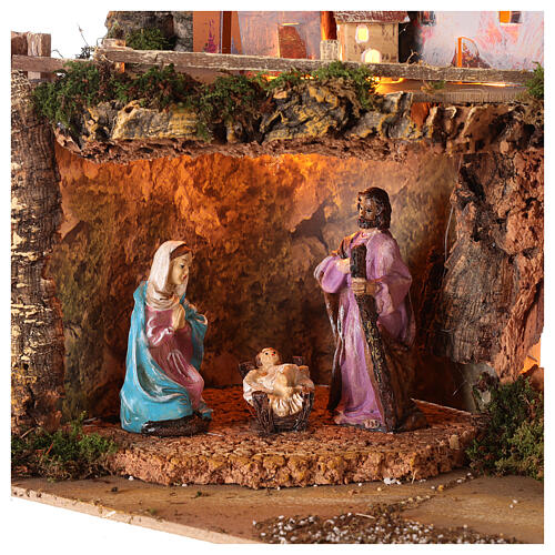 Nativity village 50x25x35 cm with lights and Holy Family 10 cm 2