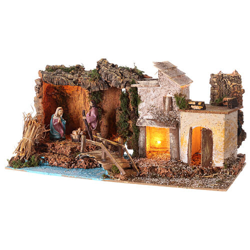 Presépio com rio e luzes e Natividade de Jesus, figuras altura média 10 cm, medidas: 50x23x26 cm 3