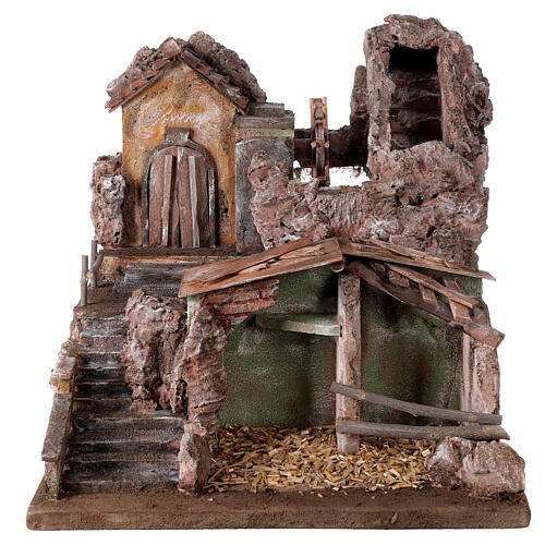 Hamlet with mill and waterfall 45x45x50 cm with lights for Nativity Scene with 10 cm characters 1