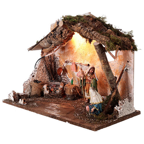 Nativity Scene stable with Holy Family, lights and fire 50x25x35 cm characters of 16 cm 3