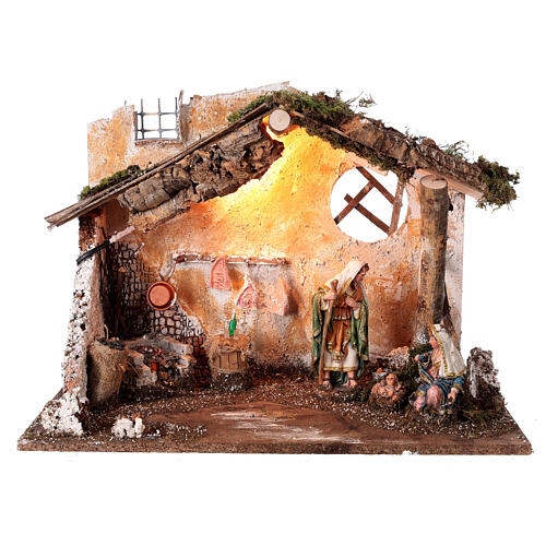 Cabaña belén con Natividad 16 cm con luces y fuego 50x25x35 1
