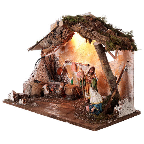 Capanna presepe con Natività 16 cm con luci e fuoco 50x25x35 3