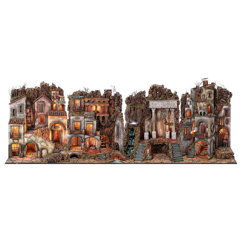 Cenário aldeia modular completa com templo 320x125x60 cm para presépio napolitano com figuras de 10-14 cm 1