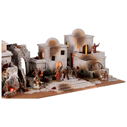 Palestinian Nativity Scene with fireplace, fountain and Moranduzzo's figurines of 10 cm 35x95x45 cm 4