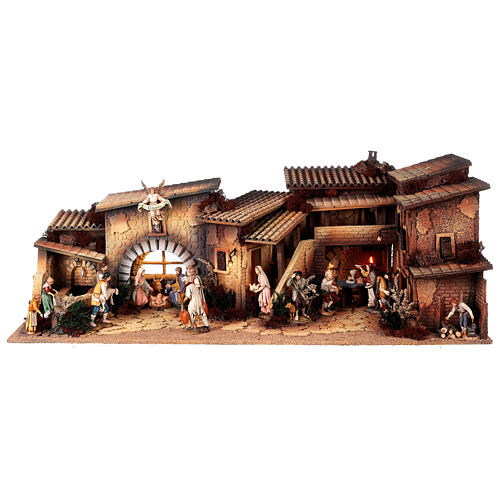 Kompletna szopka miasteczko z fontanną i nakrytym stołem, figurki Moranduzzo 12 cm, 35x100x45 cm 1