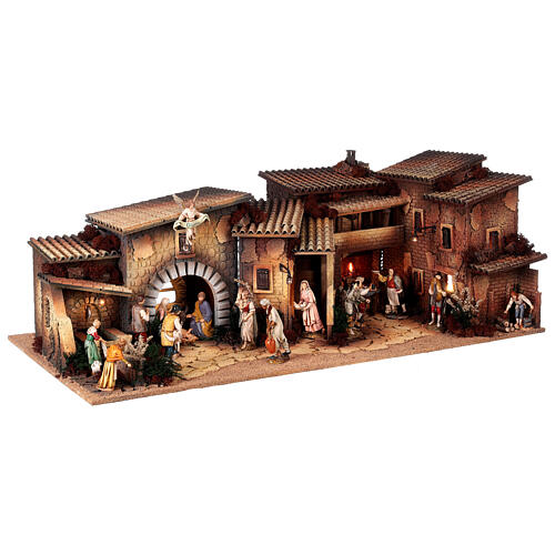 Presépio completo aldeia clássica com fontanário e mesa cheia figuras presépio Moranduzzo altura média 12 cm; medidas: 35x100x45 cm 5
