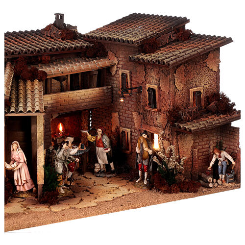 Presépio completo aldeia clássica com fontanário e mesa cheia figuras presépio Moranduzzo altura média 12 cm; medidas: 35x100x45 cm 7