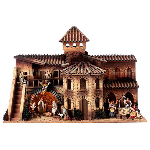 Nativity Scene village with octagonal house, well and 10 cm Moranduzzo characters 50x70x45 cm 1