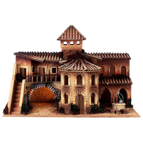 Nativity Scene village with octagonal house, well and 10 cm Moranduzzo characters 50x70x45 cm 13