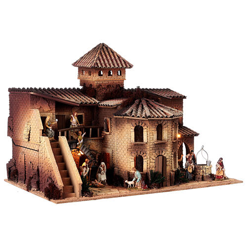 Complete nativity village octagonal house well Moranduzzo statues of 10 cm 50x70x45 cm 5