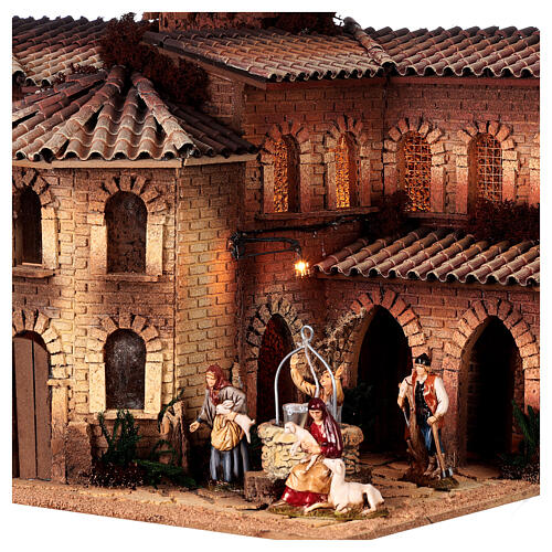 Complete nativity village octagonal house well Moranduzzo statues of 10 cm 50x70x45 cm 6