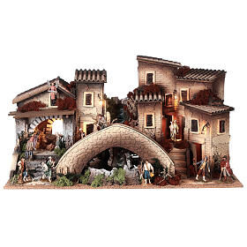 Nativity setting, hamlet with bridge and waterfall, for 10 cm figurines, 45x80x45 cm