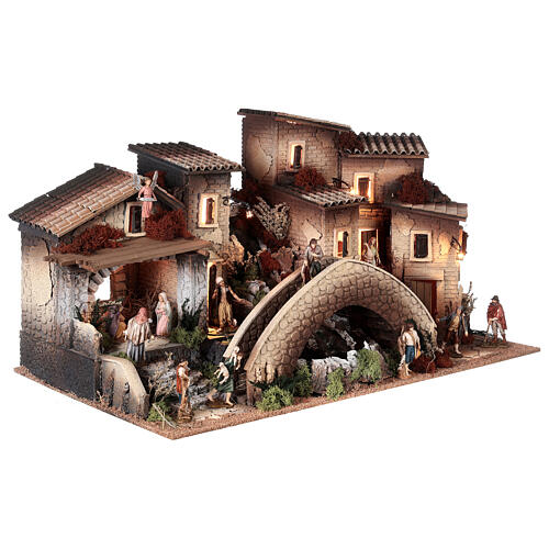 Nativity setting, hamlet with bridge and waterfall, for 10 cm figurines, 45x80x45 cm 10