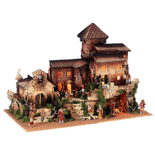 Nativity village with house, tower and church, Moranduzzo's characters of 8 cm, 50x70x45 cm 6