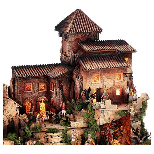 Nativity village with house, tower and church, Moranduzzo's characters of 8 cm, 50x70x45 cm 7