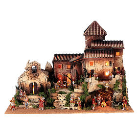 Mieścina z wieżą, domem i kościołem, z kompletem figurek szopki Moranduzzo 8 cm, 50x70x45 cm